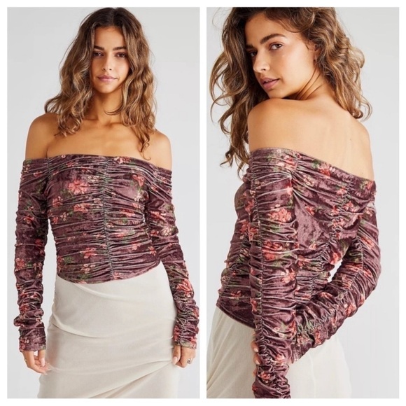 Free People Tops - Free People Reina Top Floral Velvet Ruched Off Shoulder in Wine Size Small